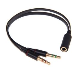 Audio Jack 3,5 mm Y-Splitter M/F, Stereo+Mikrofon, fladt kabel, sort, inklusive iPhone/Samsung headset